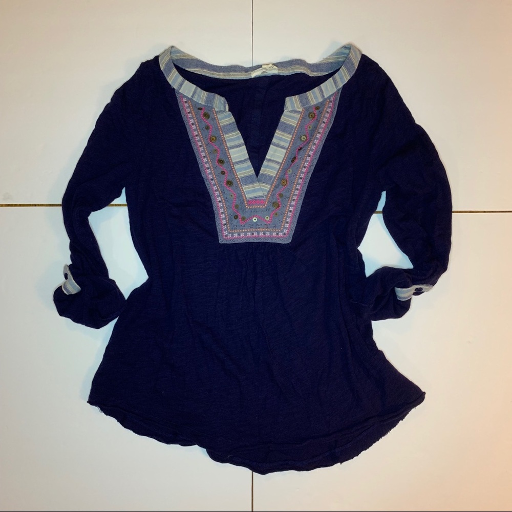 Anthropologie Meadow Rue Blue Slit Neck Cotton Top